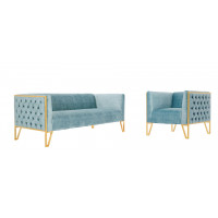 Manhattan Comfort 2-SS548-OB Vector 2-Piece Ocean Blue and Gold Sofa and Armchair Set